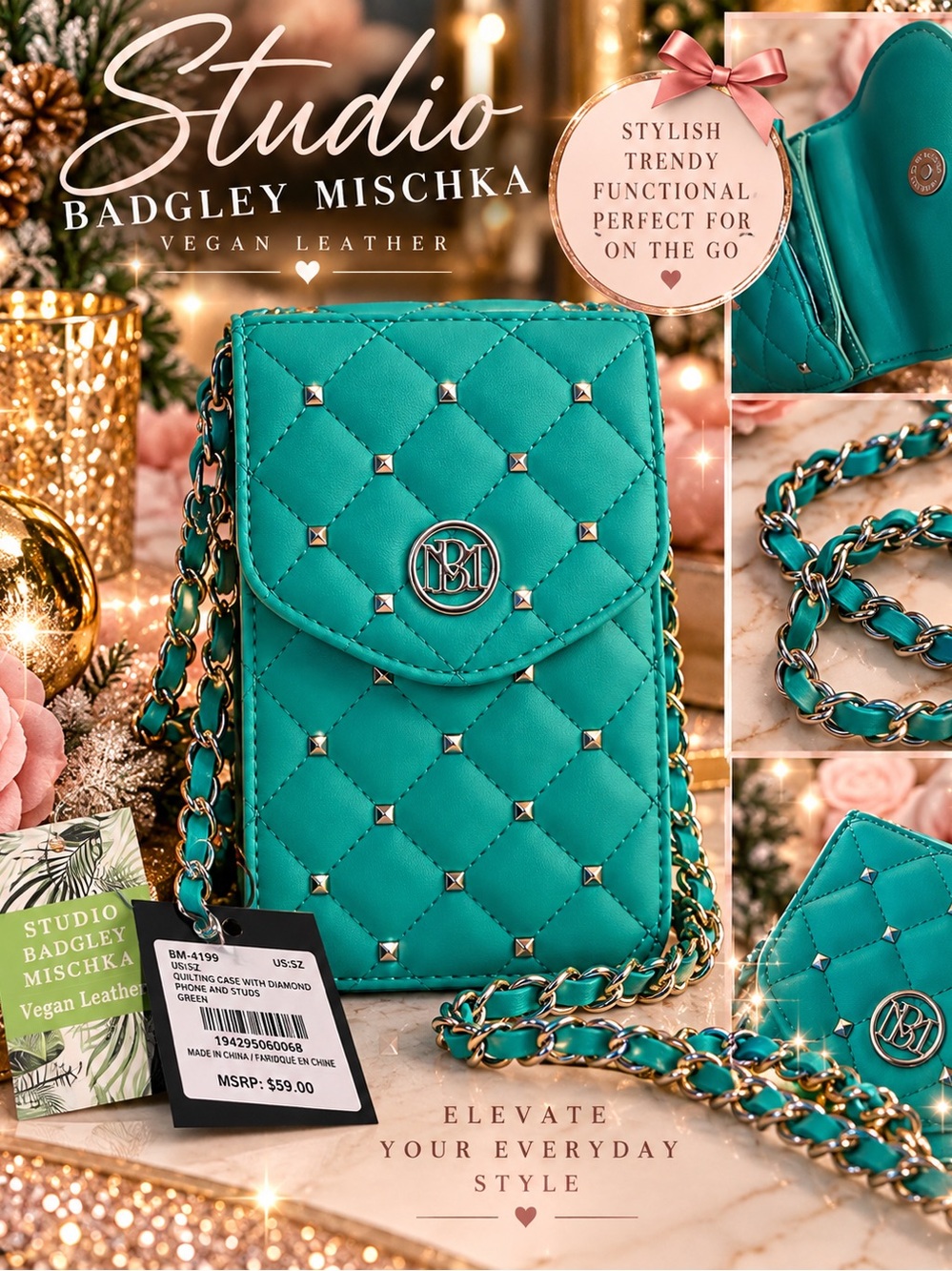 Badgley Mischka Teal Quilted Crossbody Phone Pouch with Chain